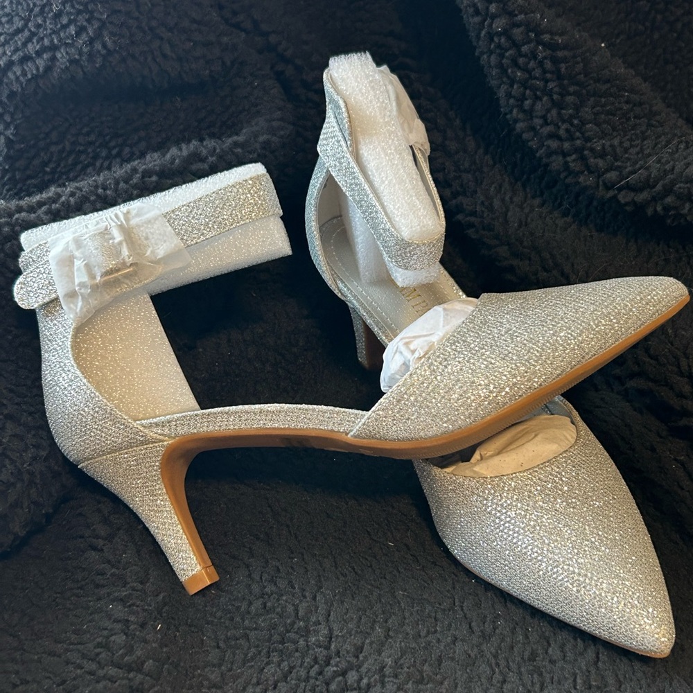 Dressy silver ankle strap heels